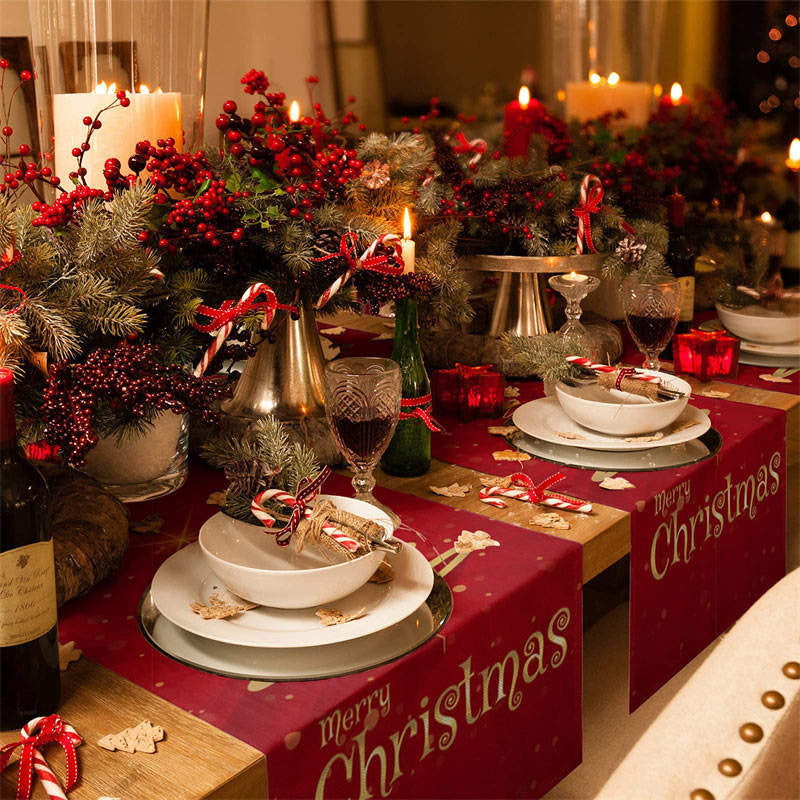 Gold Line Tree Bokeh Red Christmas Table Runner