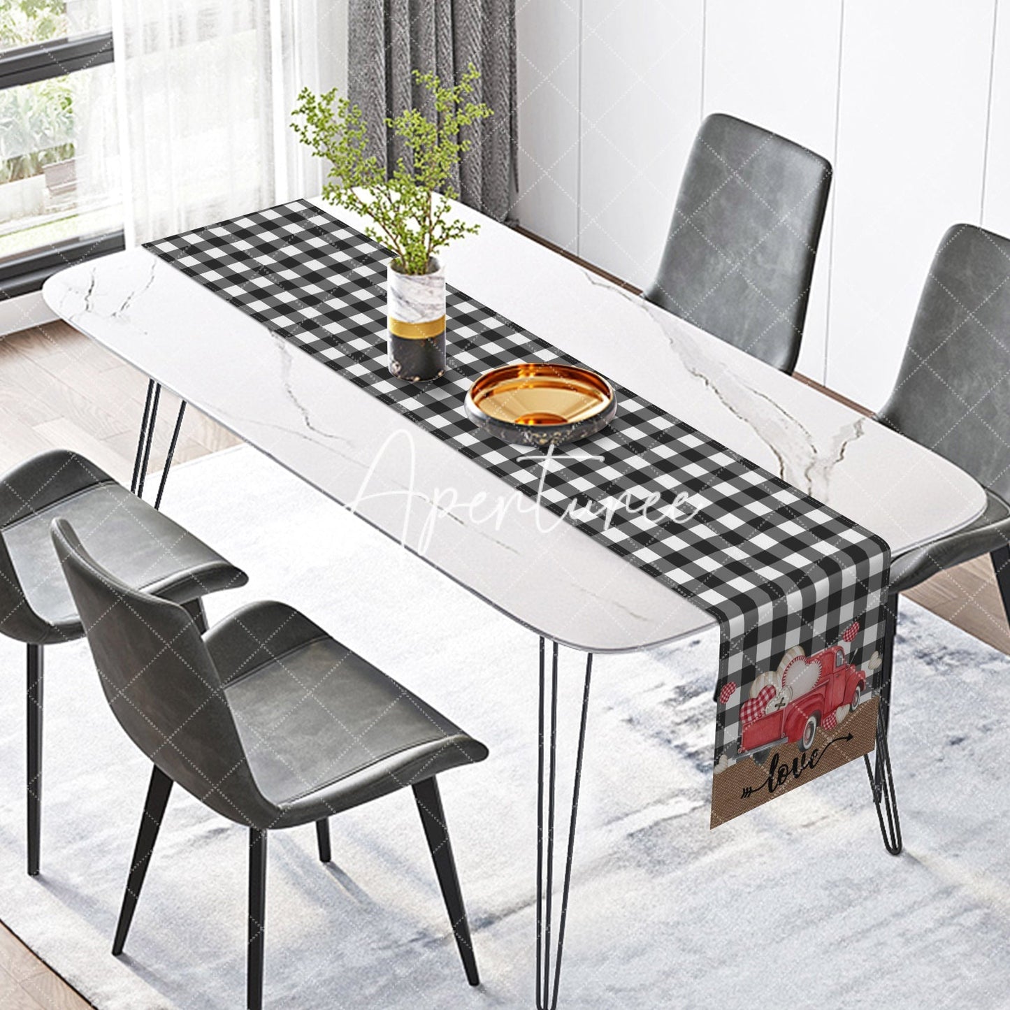 Aperturee Black Plaid Red Truck Valentines Day Table Runner