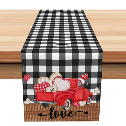 Aperturee Black Plaid Red Truck Valentines Day Table Runner
