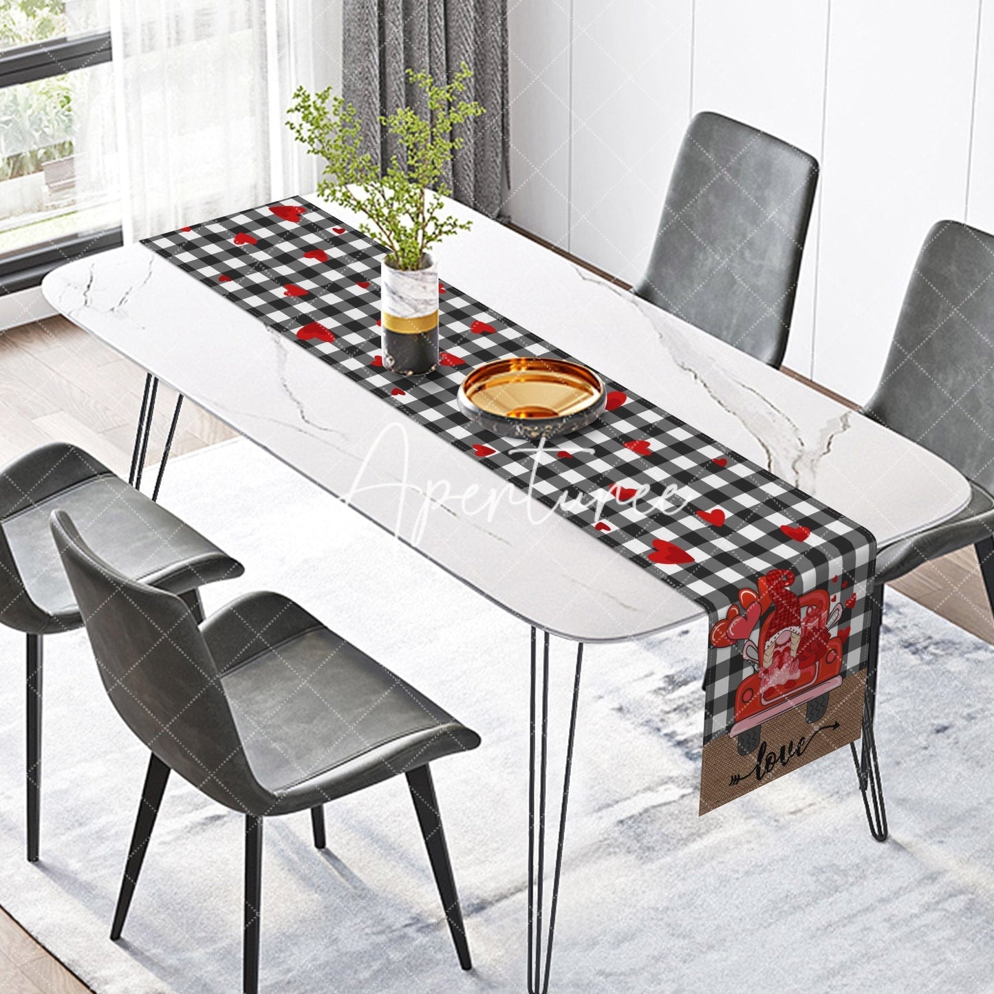 Aperturee Black White Plaid Truck Valentines Day Table Runner