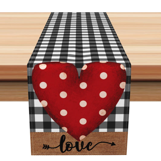Aperturee Retro Red Heart Plaid Valentines Day Table Runner