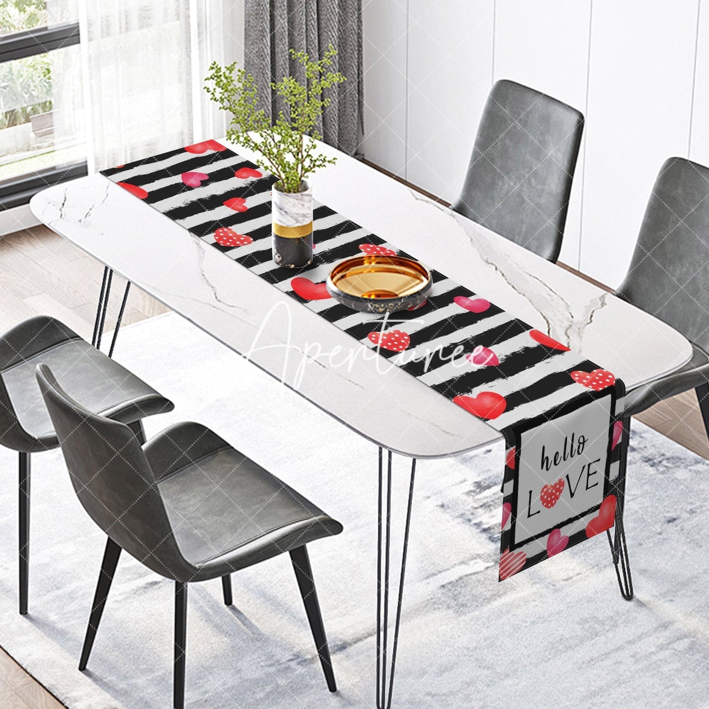 Aperturee Stripe Hearts Hello Love Valentines Day Table Runner