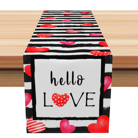 Aperturee Stripe Hearts Hello Love Valentines Day Table Runner