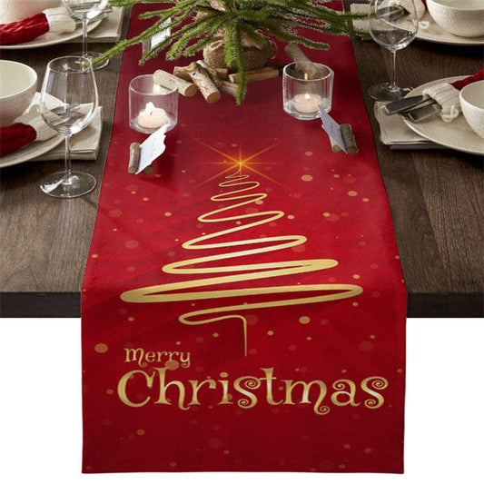 Gold Line Tree Bokeh Red Christmas Table Runner