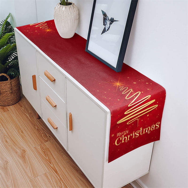 Gold Line Tree Bokeh Red Christmas Table Runner