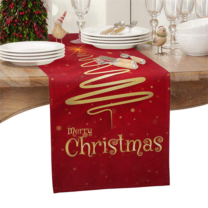 Gold Line Tree Bokeh Red Christmas Table Runner