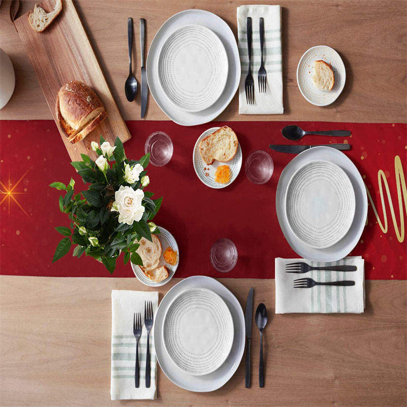 Gold Line Tree Bokeh Red Christmas Table Runner