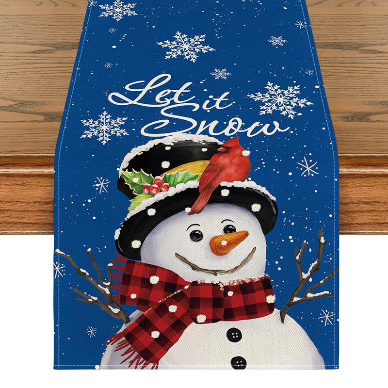 Let It Snow Cute Snowman Red Christmas Table Runner