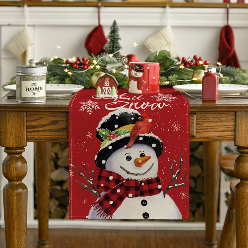 Let It Snow Cute Snowman Red Christmas Table Runner