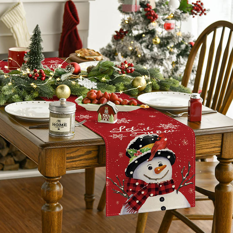 Let It Snow Cute Snowman Red Christmas Table Runner